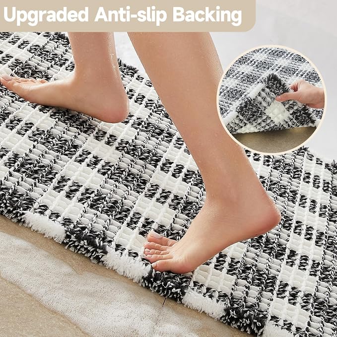 TYUU Waffle Bath Mat, Boho Bathroom Rugs Non Slip Washable Absorbent Checkered Bathroom Mat Quick Dry Farmhouse Bathroom Decor, 36"x24" Black and White