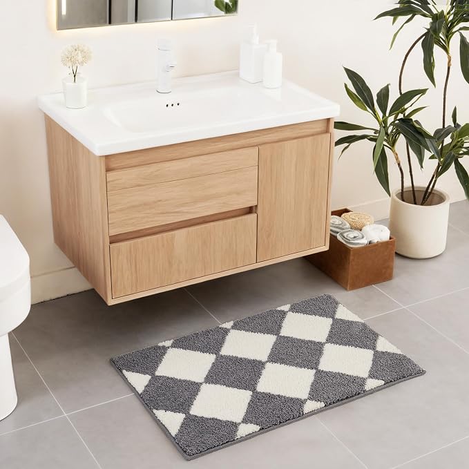 Exclusivo Mezcla Bathroom Rugs Mat 17x24, Extra Soft Non Slip Absorbent Microfiber Bath Rugs, Machine Washable Quick Dry Bath Mats for Bathroom Floor, Shower, Home Decor, Checkered Grey