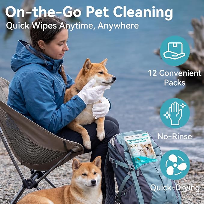 Extra Thick Pet Glove Wipes for Dogs Cats, Double Moisture No-Rinse Deodorizing Grooming Gloves for Paws, Body, Ears & Eyes, Hypoallergenic Dog Cleaning Wipes, Coconut Scent, 12 Count
