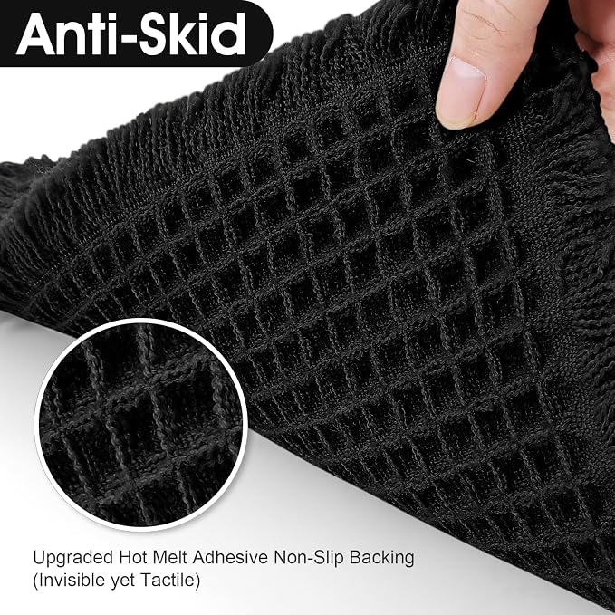 Upgraded Waffle Bath Mat Set 2 Piece Black, Super Absorbent Non-Slip Quick Dry Bathroom Rugs with Tassels, Machine Washable Ultra Soft Boho Bath Rugs for Floor, Toilet Mats Boho Farmhouse Decor