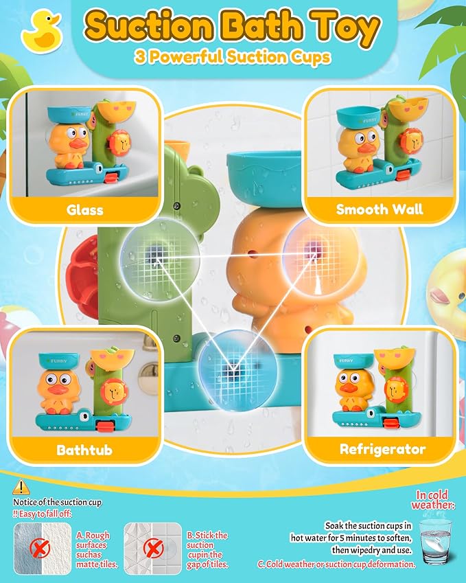 Toddler Bath Toys for Kids Ages 1-3 Waterfall Bathtub Toys for Toddlers 2-4 | with 3 Strong Suction Cups & Stacking Cups Battery-Free Duck Sensory Shower Toys for Boys Girls Gifts
