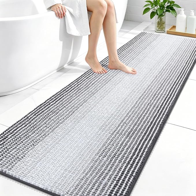 OLANLY Bathroom Runner Rugs 70x24, Extra Soft Absorbent Chenille Striped Bath Rugs, Rubber Backing, Machine Wash Dry, Long Bath Mats for Bathroom, Tub, Shower, Home Decor Accessories, Grey
