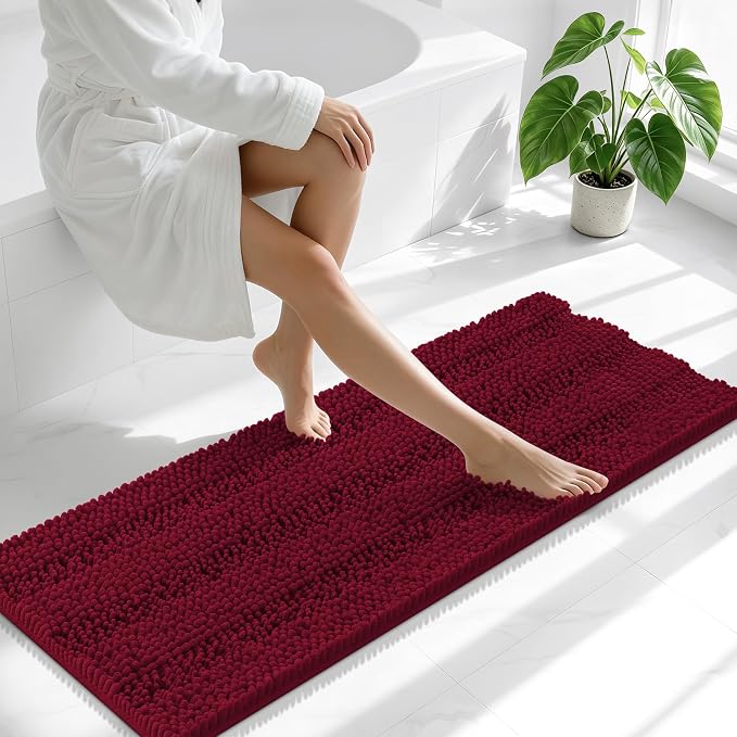 Smiry Thick Chenille Bathroom Runner Rugs 47x17, Extra Absorbent Striped Bath Mat, Machine Washable, Rubber Backing, Long Bath Rugs for Tub & Shower, Modern Home Decor Accessories, Burgundy