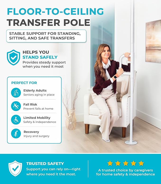 Stander Wonder Pole, Security-Pole and Curve Grab Bar, Tension Mounted Floor to Ceiling Transfer-Pole for Seniors, Elderly Adults, Bathroom Safety Assist and Stability Rail, White