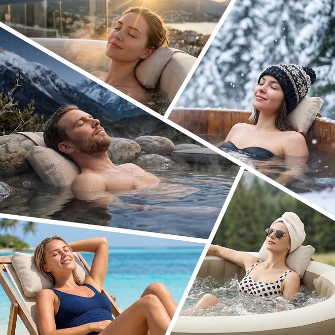 2-Pack Soft Pillow for hot tub, Clawfoot Tub & Chaise Lounge, Inflatable Outdoor Spa Accessories Replacement Pool Headrest with Weighted Strap, Birthday Day Gifts regalo for Women Wife Mom Men