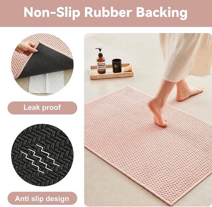 Triohero Bathroom Rugs Non Slip Washable, Super Absorbent Thin Bath Mat Quick Dry Low Pile Bathroom Rug, Pink 24"x47"