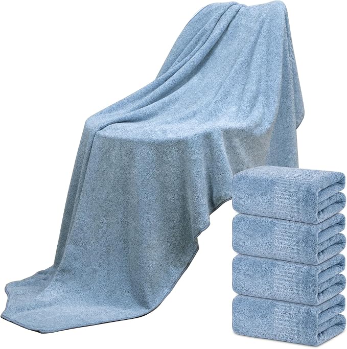 SEISSO 4 Pack Extra Large Bath Towels 63"x35", Bath Sheets for Sensitive Skin 70% Polyester 30% Viscose Fiber from Bamboo, Super Soft, Highly Absorbent & Quick Dry, Oversized (4, Light Blue)