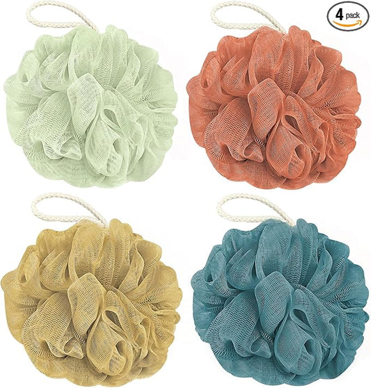 Shower Loofah Bath Sponge, 60G Loofah Exfoliating Body Scrubber, 4 Color Mesh Shower Pouf Balls for Body Wash (Yellow Red Green Blue)