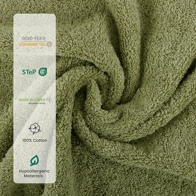 SEMAXE 8-Piece Cotton Bath Towel Set with Hanging Loops for Bathroom, Green | Complete starter set for daily showers, sink-side use, small bathrooms, and guest baths, OEKO-TEX certified, easy care