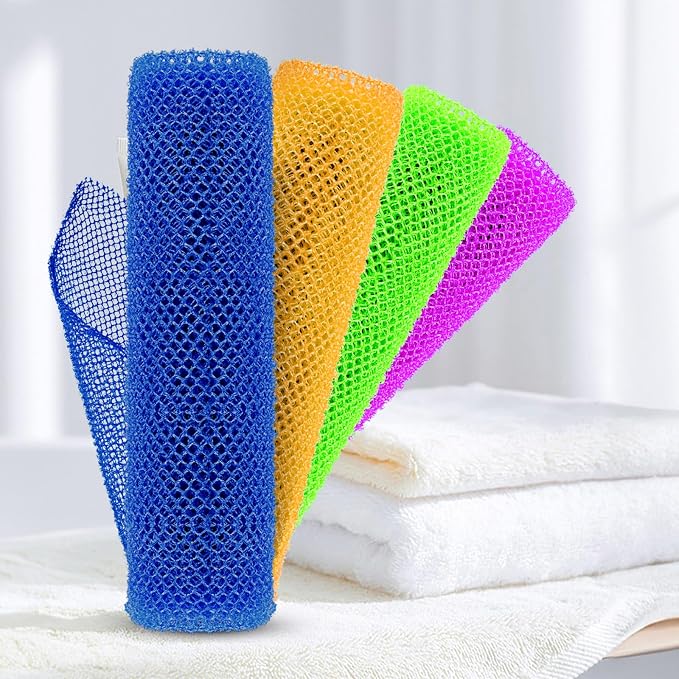 African Net Sponge Exfoliating Body Scrubber - Long Bath Sponge for Shower, Back Cleanser Smoother, Natural Exfoliation, Gentle for Sensitive Skin, Daily Use(Blue, Orange, Green, Purple)