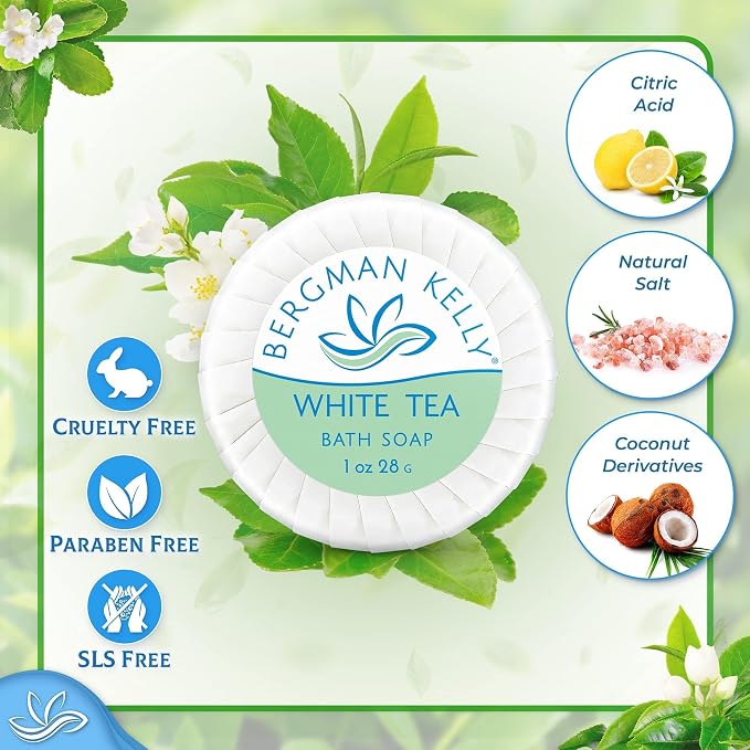 BERGMAN KELLY - Hotel Soap Bars - White Tea, 1 oz, 200 PK - Travel Size Luxury Bulk Amenities Bar Soap - Mini Individually Wrapped Round Soap - Small Toiletries for Airbnb, Motel, Guest Bathroom