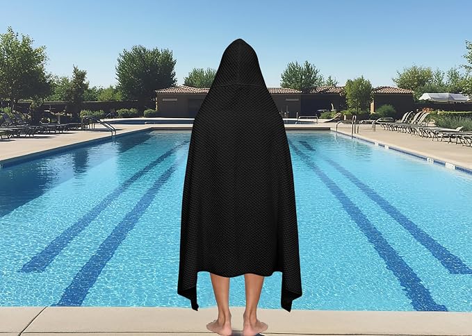 COTTON CRAFT Hooded Bath Towel – 2 Pack Oversized 35x70 Waffle Weave Towel with Hood for Adults - 100% Ringspun Cotton Pool Bath Sheet Wrap with Hood - Soft Super Absorbent Quick Dry – 450 GSM – Black