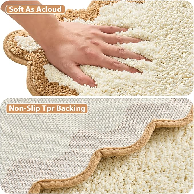 ORTIGIA Cute Beige Scalloped Bath Mat, Quick Dry Bath Rug Absorbent Soft Plush Microfiber Bathmat for Bathroom Floor Carpet for Sink Bedroom, 20x32