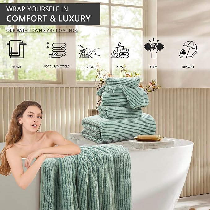 8-Piece Premium Towel Set for Bathroom|2 Oversized Large Bath Sheet,2 Hand Towels,4 Washcloths|Soft Cozy Highly Absorbent Fast Dry Microfiber Shower Towel Set for Hotel Bathroom Essentials,Green
