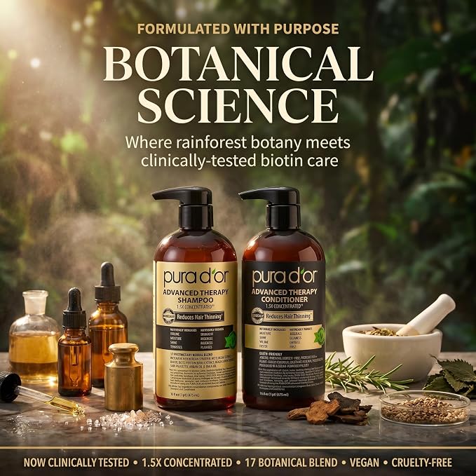 PURA D'OR Advanced Therapy Biotin Shampoo & Hair Regrowth Conditioner Set For Hair Thinning, CLINICALLY TESTED Effective Thickening Results, For Women & Men, Invigorating Forest Scent, 16oz x2