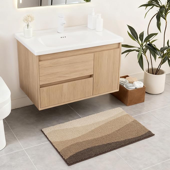 Exclusivo Mezcla Bathroom Rugs Mat 20x30, Extra Soft Non Slip Absorbent Microfiber Bath Rugs, Machine Washable Quick Dry Bath Mats for Bathroom Floor, Shower, Home Decor, Waved Camel