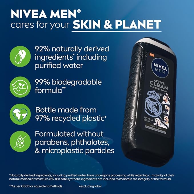 NIVEA MEN Real Madrid Limited Edition Design Active Clean Body Wash with Natural Charcoal for Normal to Oily Skin, 3-in-1 Charcoal Body Wash, Face and Hair, 16.9 Fl Oz Bottle, Pack of 3