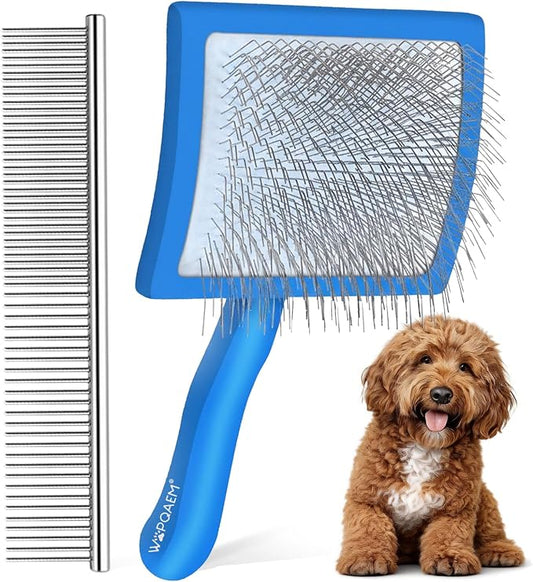 Wooden Long Pin Slicker Brush for Large Dogs, Doodles, Poodles, Long Hair | Grooming, Detangling, and Fluffing for Wavy and Curly Hair—Designed for Heavy, Thick Coats to Prevent Matting at Home