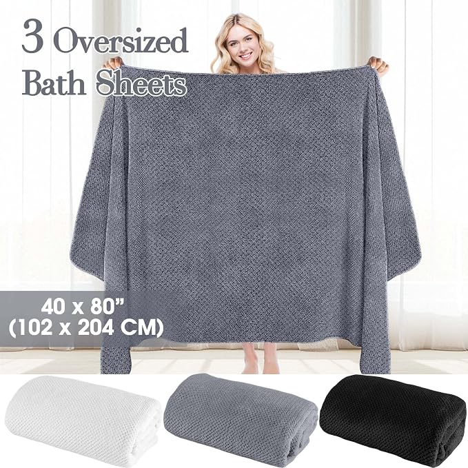 Moukeren 3 Pcs Oversized Bath Towel Set 40'' x 80'' Extra Large Microfiber Bath Sheets Jumbo Quick Dry Coral Fleece Absorbent Towel for Fall Decor Shower Beach Yoga Spa Body(Black, Gray, White)