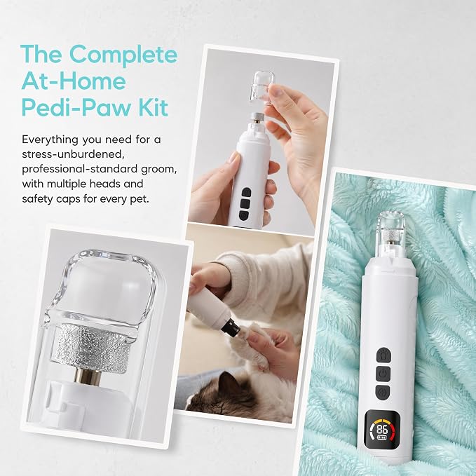 Dog Nail Grinder Quiet, 6-Speed Rechargeable Pet Trimmer for Dogs Cats（White） | 5H Battery, 6 Speeds, Dual LED, 3 Diamond Heads, Ultra-Quiet, Beginner-Friendly, Multi-Port for Dogs & Cats