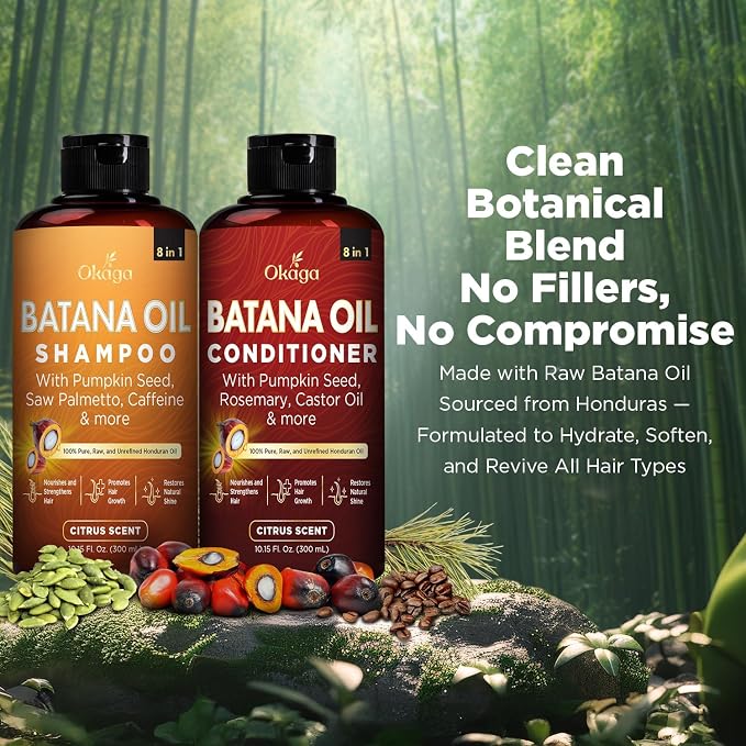 Okaga Batana Oil Shampoo & Conditioner Bundle, Citrus, 10.15 fl oz, 2 Pack | Aloe Vera, Saw Palmetto, Caffeine, Biotin, Jojoba, Pumpkin Seed, Castor, Rosemary & Hydrolyzed Rice Protein