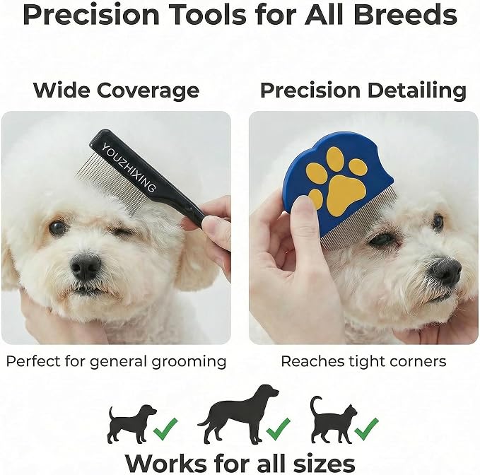 4-Piece Dog Tear Stain Remover Kit - Natural Eye Gunk Balm (1 oz) with Pro Brush & 2 Grooming Combs (Fine-Tooth & Paw-Print Design) - Safe for White Dogs, Cats, Daily Eye Cleaning