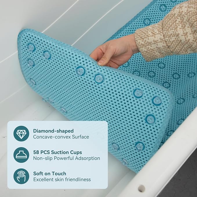 Bathtub Mat Non Slip, Soft Foam Bath Mat for Tub, Bathtub Mat with Drain Holes, Suction Cups Shower Mat (Blue, 36''X17'')