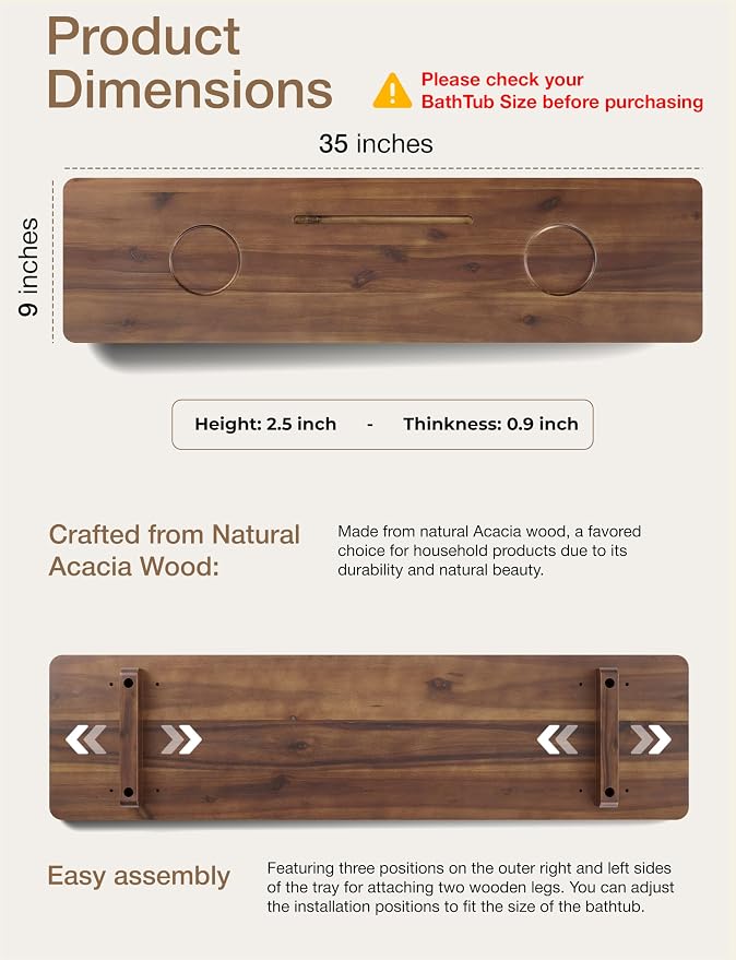 Tinamo 35”L Wooden Bathtub Tray, Bathtub Caddy Tray For Tub with Tablet Slot & Wine Holder - Acacia Bath Tray For Tub, Bath Table - Bathtub Tray Table with Adjustable Legs (Walnut color, 35"x 9"x2.5") | Acacia Wood, 35" x 9" x 2.5", Adjustable Width, B...