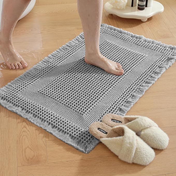 Waffle Bath Mat - Super Water Absorbing Bath Mat Quick Dry, Bathroom Rugs Non Slip Washable with Tassels, Rubber Backed Bathroom Mat for Bathroom Floor, Tub and Shower, 24" x 72", Light Grey