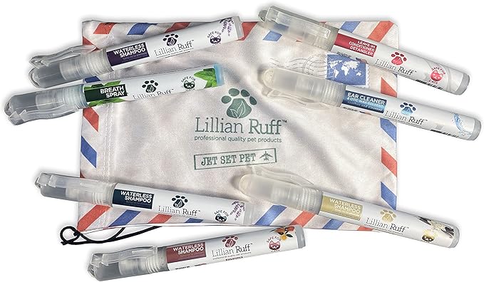 Lillian Ruff Travel Kit for Dogs | Dog Grooming Spray for Airline Travel, Camping, Beach | Deodorizing Waterless Dog Shampoo x4, Breath Freshener, Detangler Spray, Ear Cleaner
