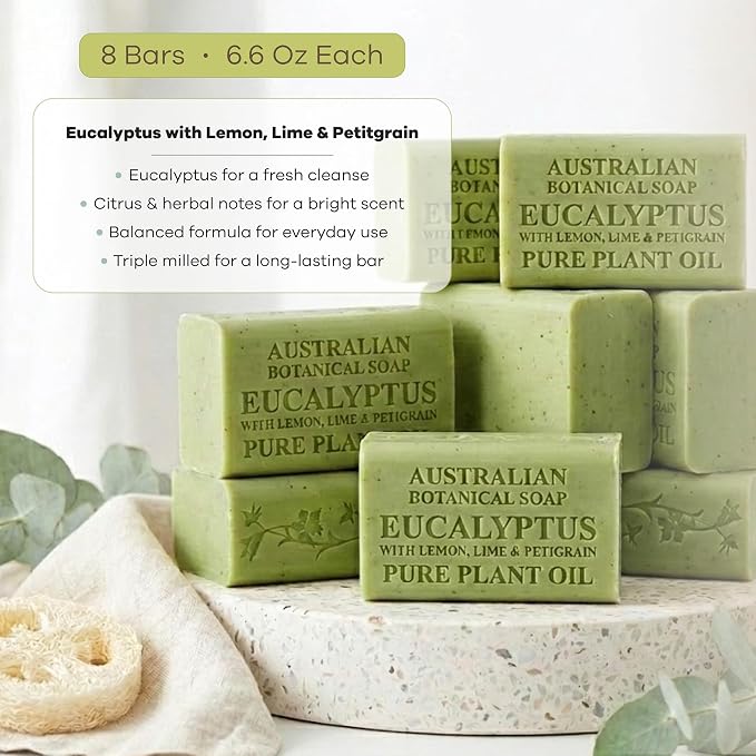 Australian Botanical Soap, 6.6 OZ, Eucalyptus, Lemon, Lime, and Petitgrain, Triple Milled Bars made with a Natural Soap Base and Enriched with Organic Shea Butter, Pack of 8