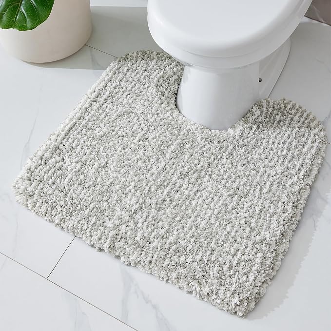 ILANGO Grey and White Toilet Rugs U Shaped 22" × 24" Non Slip & Super Absorbent Extra Thick Soft, Washable Bath Mats for Bathroom Floor, Microfiber Plush Shaggy Contour Bath Rugs for Toilet,Dry Quick