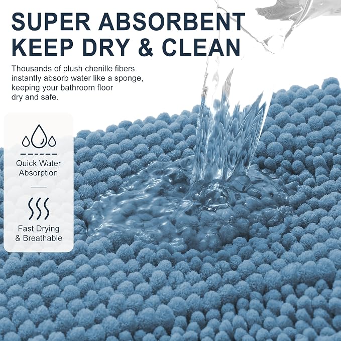 Smiry Thick Chenille Bathroom Runner Rugs 47x17, Extra Absorbent Striped Bath Mat, Machine Washable, Rubber Backing, Long Bath Rugs for Tub & Shower, Modern Home Decor Accessories, Airy Blue