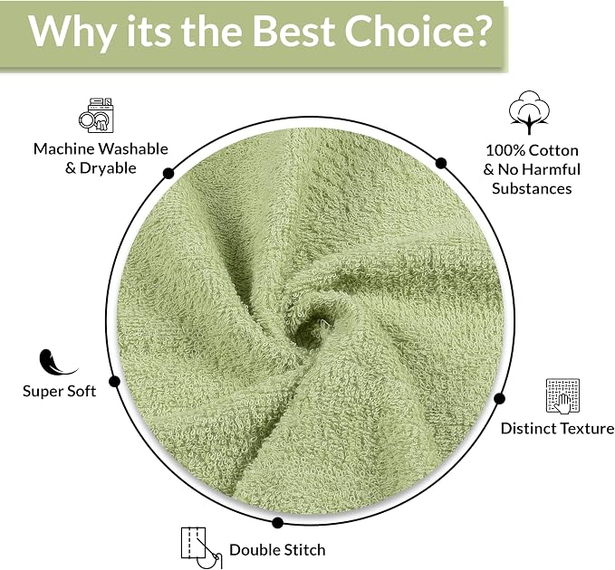 Basic Hand Towels 16x26 Inches – Pack of 12 – Sage Green Color – Soft and Absorbent Multipurpose Cotton Towels for Bathroom, Spa, Gym, Salon, Hotel, and Everyday Use