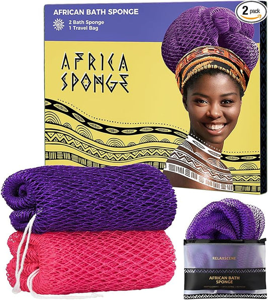 African Net Sponge Authentic - 2 Pieces Exfoliating Body Scrubber Bath Sponge - Loofah Washcloth Back Scrub for Shower Body Exfoliator - Face & Skin Care Bathroom Essentials for Women