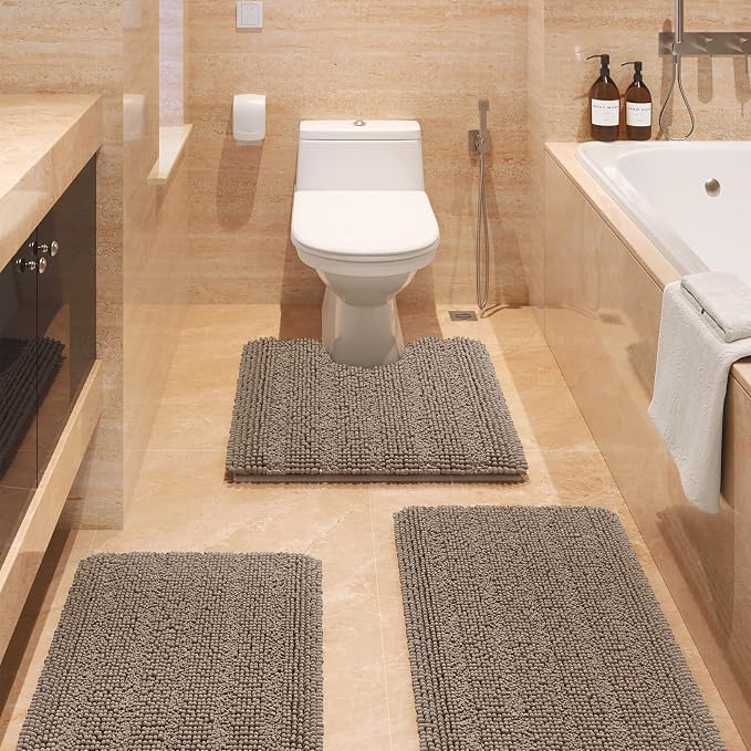 ACCUMTEK Striped Ultra Soft Bathroom Rugs and Mats Set 3 Pieces Bath Mat Set Dark Beige, Thick Chenille Bath Rugs Non Slip Bath Mats for Bathroom, Kitchen