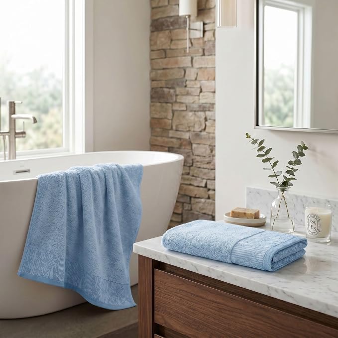 Superior Floral Jaquard Cotton Bath Towels, 2pc Towel Set, Waterfall Blue | Soft Absorbent Quick Dry Terry Weave, Machine Washable Breathable Premium Hotel Quality, Wisteria Towels, Large 2 Bath Towel