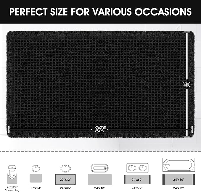 ACCUMTEK Upgraded Waffle Bath Mat, 32"x20" Black, Super Absorbent Non-Slip Quick Dry Bathroom Rugs with Tassels, Machine Washable Ultra Soft Boho Bath Rugs for Floor, Toilet Mats Boho Farmhouse Decor