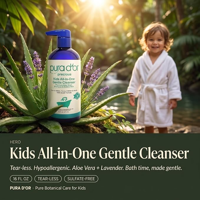 PURA D'OR 16 Oz Kids Wash - All-in-One Gentle Cleanser - USDA Biobased, Sulfate-Free, Tear-Less, Hypoallergenic, Premium, Shampoo & Bubble Bath