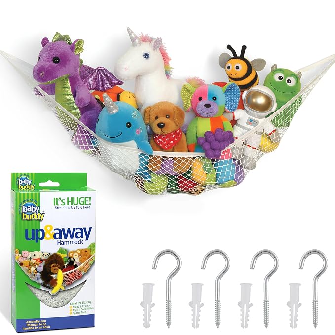 Baby Buddy Stuffed Animal Hammock Storage Net - Corner Space-Saving Toy Organizer for Nursery and Kids Bedroom Organization, Holds 25 Pounds, Easy Wall Mount, White