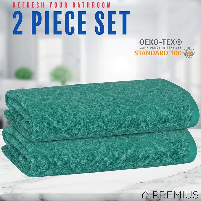2 Pack Damask Hand Towel, Bath Towel, and Bath Sheet Towel, 100% Cotton Yarn Dyed, Lux Drying Experience, Great for Hands and Body, Perfect for Spa & Home Use (Green, Bath Towel)
