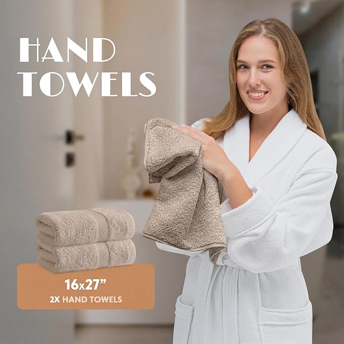 White Classic Taupe Bath Towel Set of 6-100% Cotton Highly Absorbent Towels for Bathroom, 2 Luxury Bath Towels 650GSM, 2 Hand Towels, 2 Washcloths