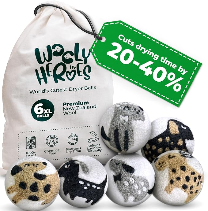Chemical Free & Baby Safe! Reusable Wool Dryer Balls XL 6-Pack - Reduces Static, Cuts Dry Time, & Softens Naturally