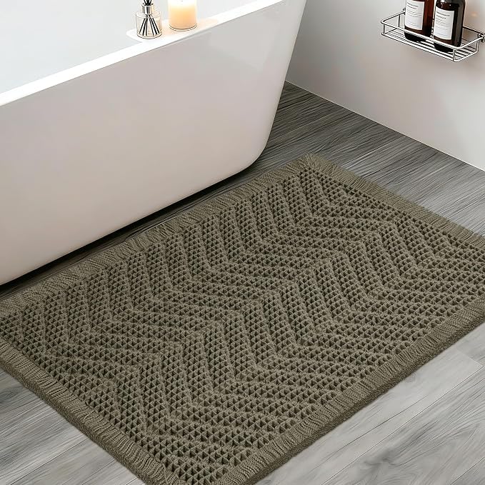 Upgraded Waffle Bath Mat, 36"x24" Greyish Green-Herringbone, Super Absorbent Non-Slip Quick Dry Bathroom Rugs with Tassels, Machine Washable Ultra Soft Boho Bath Rugs, Toilet Mats Boho Farmhouse Decor