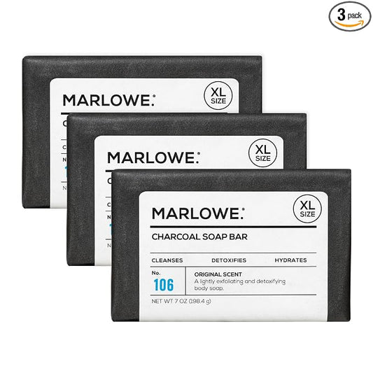 MARLOWE. Charcoal Soap, Cleansing Body Bar Soap for Men, 7 oz(3 Bars) | Charcoal soap bar detoxifies and deeply cleanses while leaving skin smooth and hydrated. Original Sage + Fir scent.