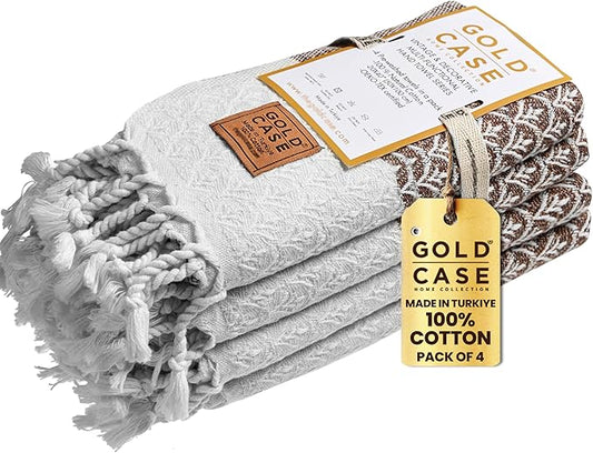 Gold CASE Turkish Hand Towels for Bathroom Set of 4 – 100% Cotton Bathroom Towels – Helen Kitchen Small Towel for Spa, Face, Tea & Dishcloth – Decorative Patterned Weave – Brown