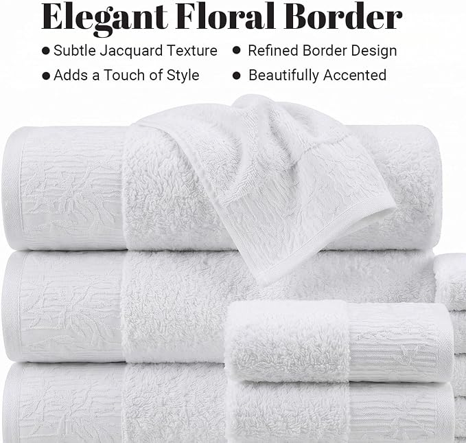 Superior Floral Jaquard Cotton Bathroom Towels, 3pc Towel Set, White-White | Soft Absorbent Quick Dry Terry Weave, Hotel Quality, Wisteria Towels Includes 1 Bath Towel, 1 Hand Towel, 1 Face Washcloth