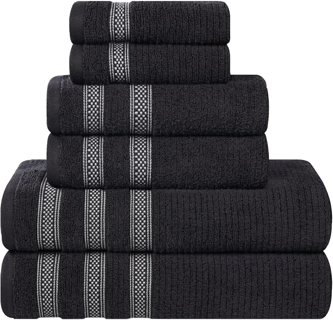 Superior Cotton 6-Piece Towel Set, Zero Twist, Ribbed Geometric, Bathroom Essentials, Shower, Spa, Luxury Plush Soft Absorbent Towels, Includes 2 Bath, 2 Hand, 2 Washcloth/Face Towels, Black