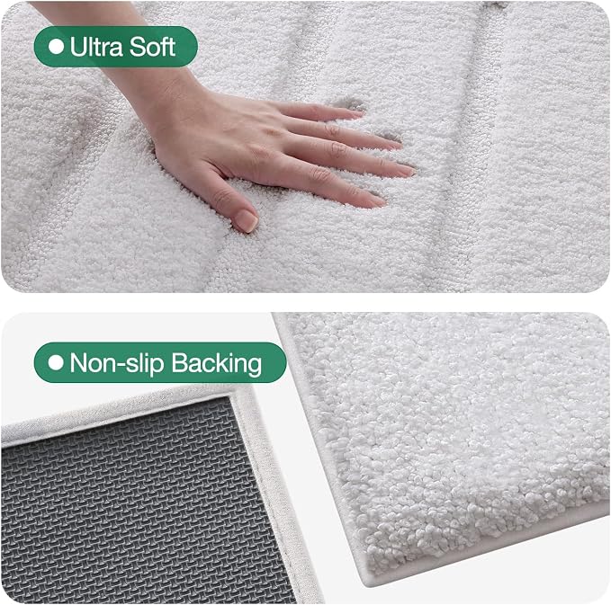 LUMI Non-Slip Skin-Friendly Bathroom Rugs, Hotel Quality Bath Mats for Bathroom, Washable Fluffy Shower Mat, Minimalist Luxury Striped Style,Ideal for Floor, Shower Tub, Entryway, 24"x36", White