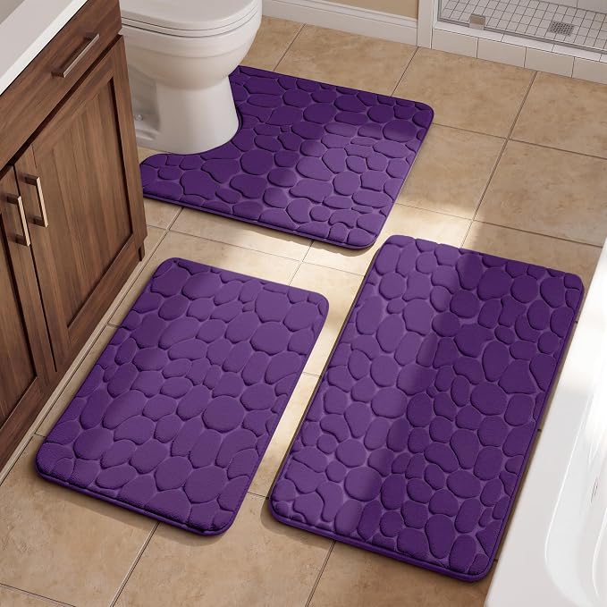 YIHOUSE Bathroom Rugs Mat Set, Memory Foam Bath Mat 3 Piece Purple | U Shape+Small Mat, Non Slip, Water Absorbent, Washable, Bath Mat For Bathroom, Sink and Toilet